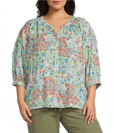 Westbound Plus Size Cluster Garden V-Neck 3/4 Sleeve Button Front Top