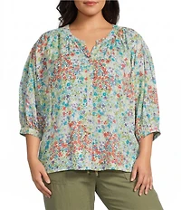 Westbound Plus Size Cluster Garden V-Neck 3/4 Sleeve Button Front Top