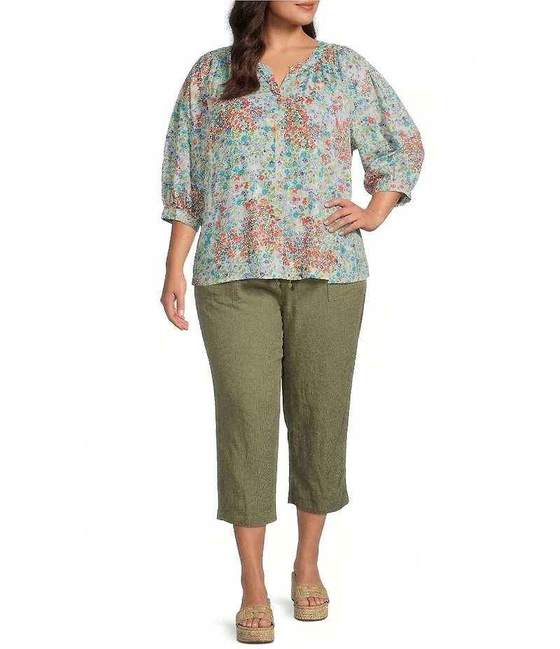 Westbound Plus Size Cluster Garden V-Neck 3/4 Sleeve Button Front Top