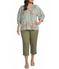 Westbound Plus Size Cluster Garden V-Neck 3/4 Sleeve Button Front Top