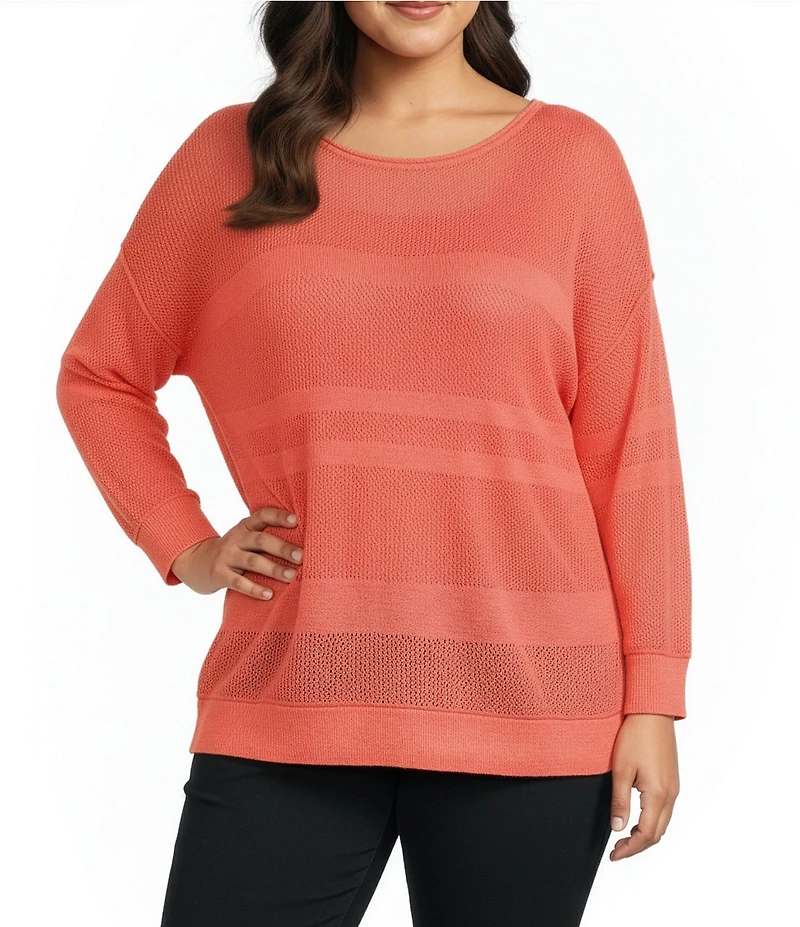 Westbound Plus Size Crochet 3/4 Sleeve Crew Neck Ribbed Top