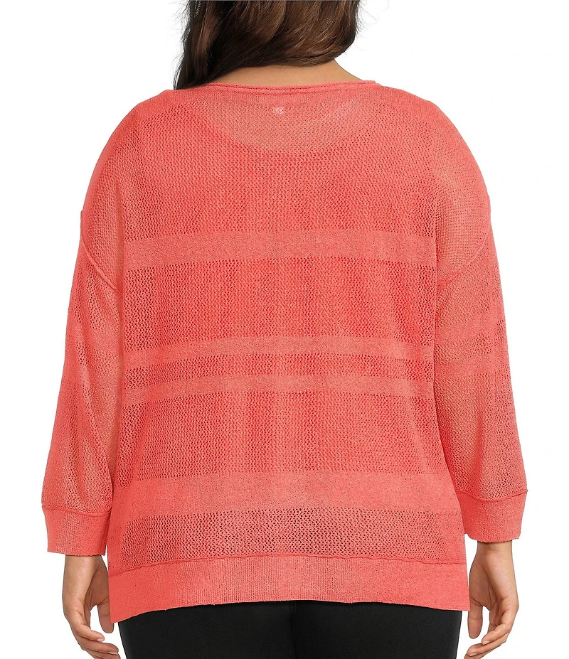 Westbound Plus Size Crochet 3/4 Sleeve Crew Neck Ribbed Top