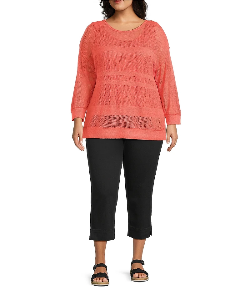Westbound Plus Size Crochet 3/4 Sleeve Crew Neck Ribbed Top