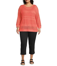 Westbound Plus Size Crochet 3/4 Sleeve Crew Neck Ribbed Top