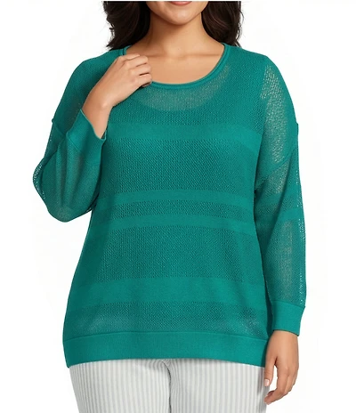 Westbound Plus Size Crochet 3/4 Sleeve Crew Neck Ribbed Top