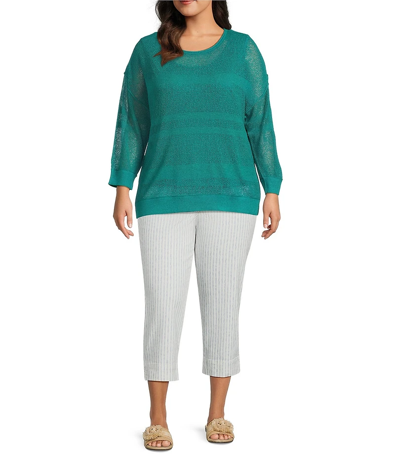 Westbound Plus Size Crochet 3/4 Sleeve Crew Neck Ribbed Top