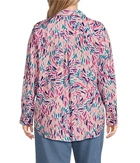 Westbound Plus Size Dancing Daubs 3/4 Roll-Tab Sleeve Point Collar Y-Neck Button Front Shirt