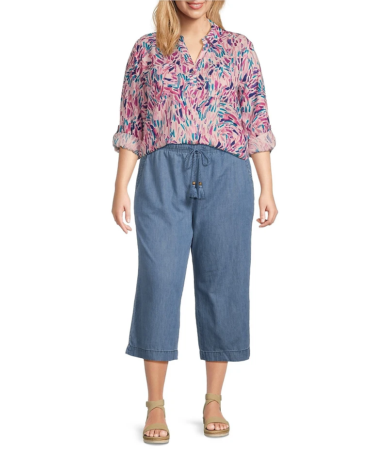 Westbound Plus Size Dancing Daubs 3/4 Roll-Tab Sleeve Point Collar Y-Neck Button Front Shirt