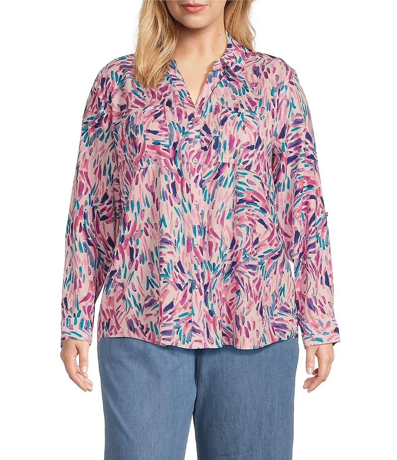 Westbound Plus Size Dancing Daubs 3/4 Roll-Tab Sleeve Point Collar Y-Neck Button Front Shirt
