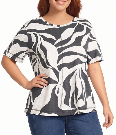 Westbound Plus Size Dancing Leaves Short Sleeve Slub Knit Crew Neck Top