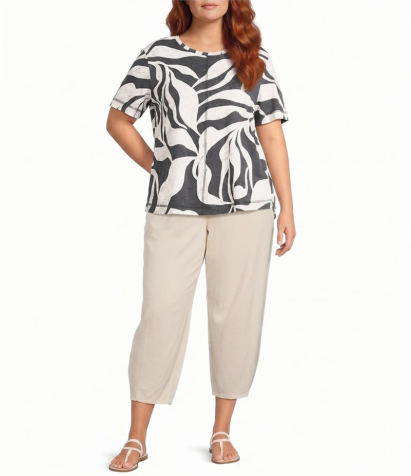 Westbound Plus Size Dancing Leaves Short Sleeve Slub Knit Crew Neck Top