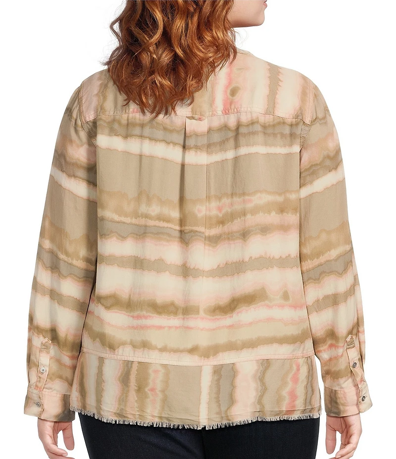 Westbound Plus Size Diffused Stripe Woven 3/4 Roll-Tab Sleeve Henley Patch Pocket Top