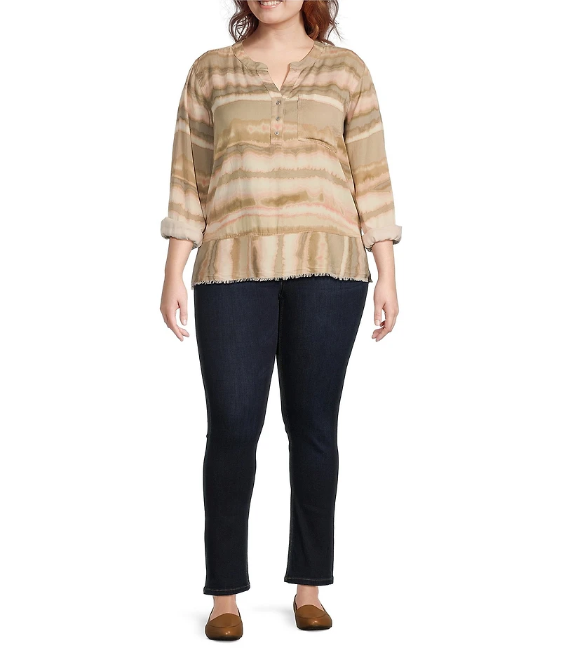 Westbound Plus Size Diffused Stripe Woven 3/4 Roll-Tab Sleeve Henley Patch Pocket Top