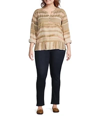 Westbound Plus Size Diffused Stripe Woven 3/4 Roll-Tab Sleeve Henley Patch Pocket Top