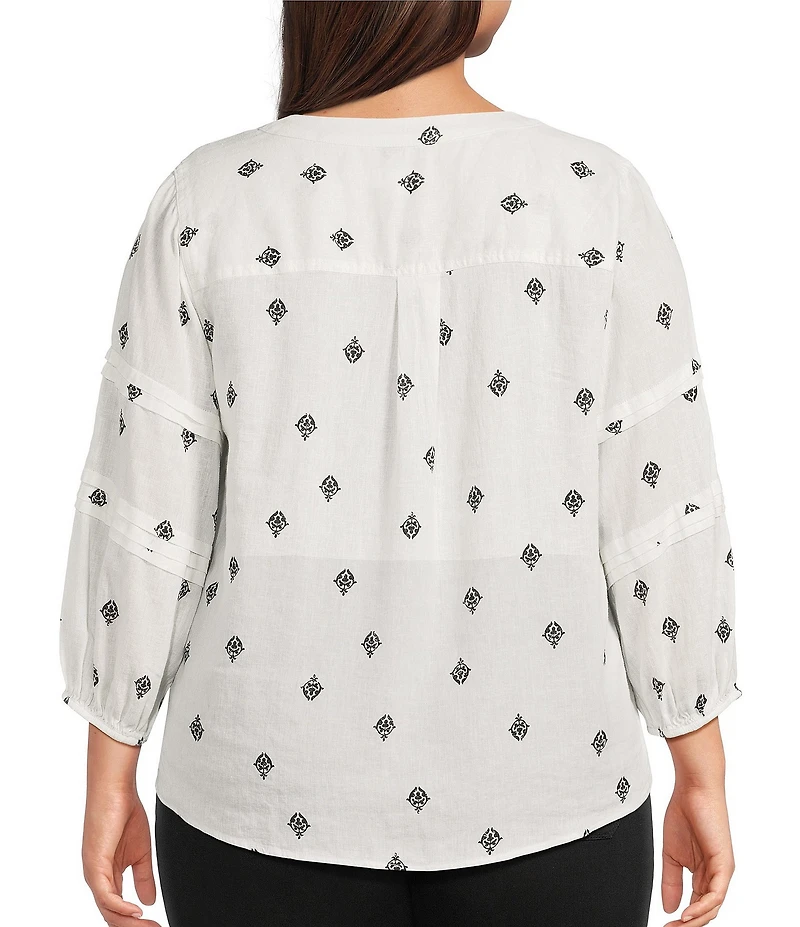 Westbound Plus Size Distressed Foulard Linen Blend 3/4 Sleeve V-Neck Top