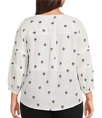 Westbound Plus Size Distressed Foulard Linen Blend 3/4 Sleeve V-Neck Top