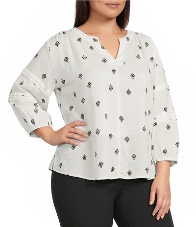 Westbound Plus Size Distressed Foulard Linen Blend 3/4 Sleeve V-Neck Top