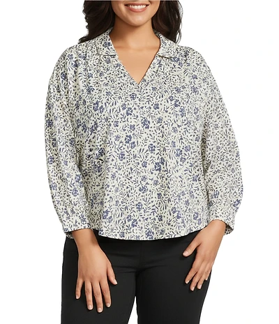 Westbound Plus Size Floral Print V Neck 3/4 Sleeve Collared Slub Knit Top