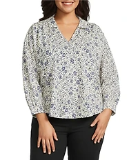 Westbound Plus Size Floral Print V Neck 3/4 Sleeve Collared Slub Knit Top