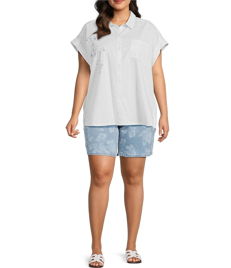 Westbound Plus Size Floral Stripe Woven Button Front Top