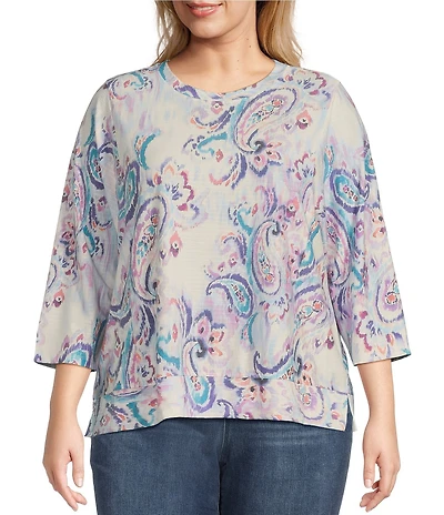 Westbound Plus Size Hazy Paisley Knit 3/4 Sleeve Crew Neck Ribbed Detail Print Top