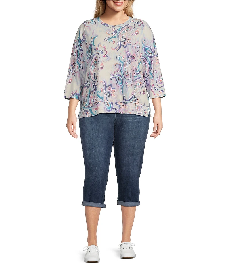 Westbound Plus Size Hazy Paisley Knit 3/4 Sleeve Crew Neck Ribbed Detail Print Top