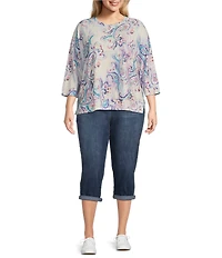 Westbound Plus Size Hazy Paisley Knit 3/4 Sleeve Crew Neck Ribbed Detail Print Top