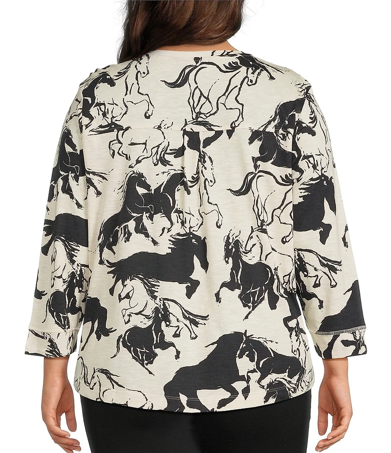 Westbound Plus Size Horses 3/4 Sleeve Knit Crew Neck Top