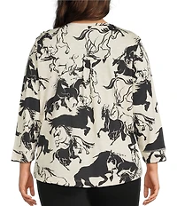 Westbound Plus Size Horses 3/4 Sleeve Knit Crew Neck Top