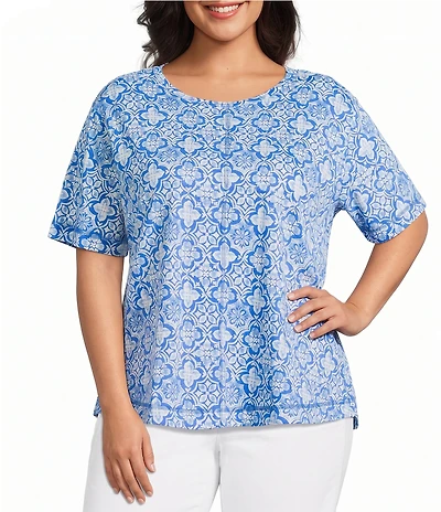 Westbound Plus Size Indigo Tile Short Sleeve Slub Knit Crew Neck Top