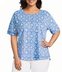 Westbound Plus Size Indigo Tile Short Sleeve Slub Knit Crew Neck Top