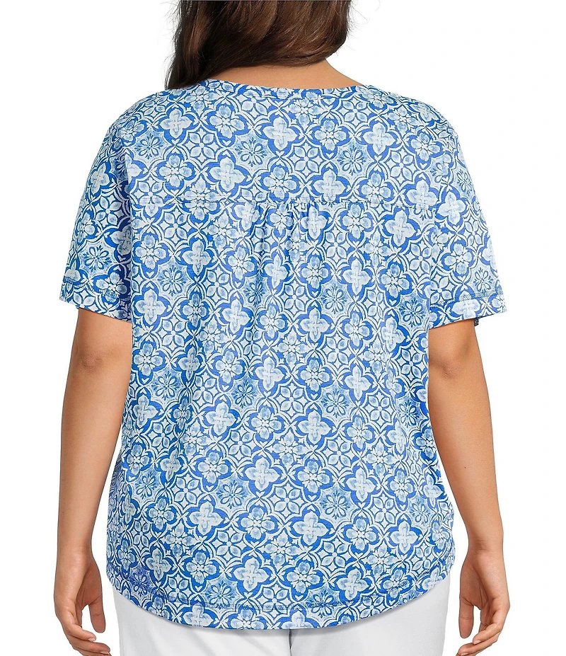Westbound Plus Size Indigo Tile Short Sleeve Slub Knit Crew Neck Top