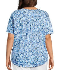 Westbound Plus Size Indigo Tile Short Sleeve Slub Knit Crew Neck Top