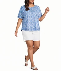 Westbound Plus Size Indigo Tile Short Sleeve Slub Knit Crew Neck Top