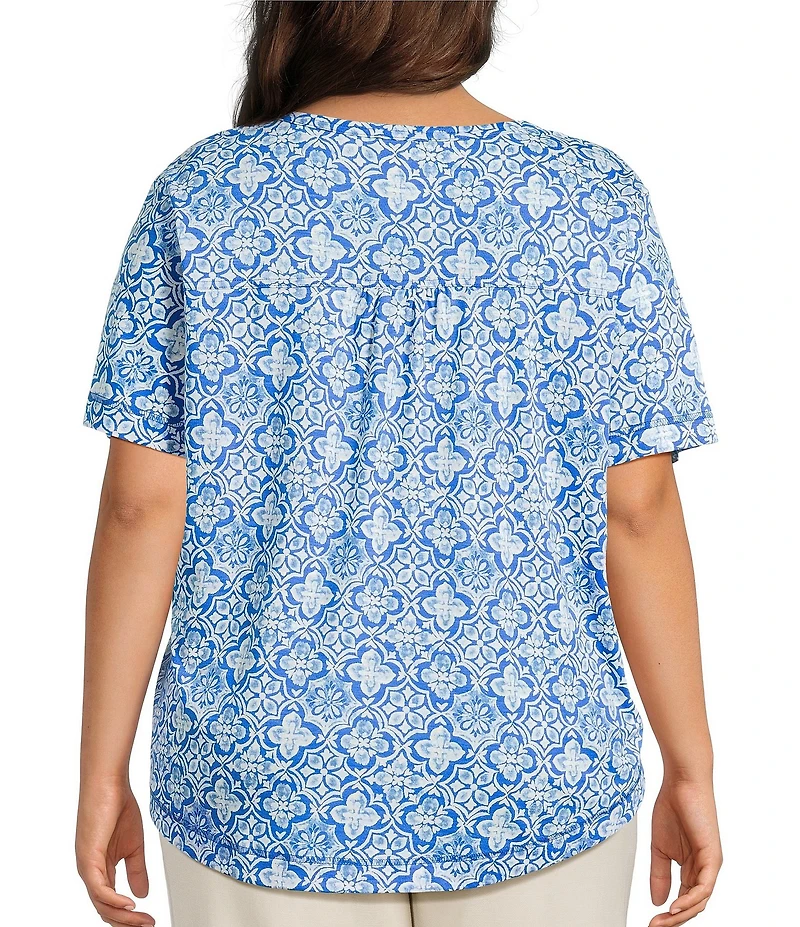 Westbound Plus Size Indigo Tile Short Sleeve Slub Knit Crew Neck Top