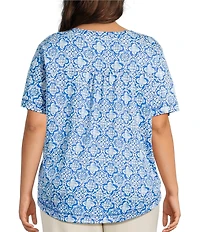 Westbound Plus Size Indigo Tile Short Sleeve Slub Knit Crew Neck Top