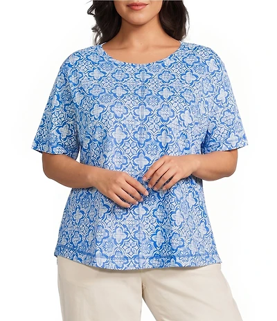 Westbound Plus Size Indigo Tile Short Sleeve Slub Knit Crew Neck Top