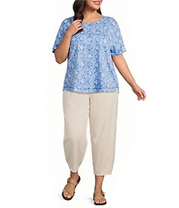 Westbound Plus Size Indigo Tile Short Sleeve Slub Knit Crew Neck Top