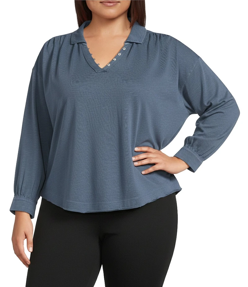 Westbound Plus Size Knit Long Sleeve V-Neck Collared Top