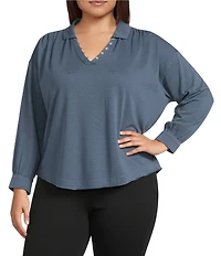 Westbound Plus Size Knit Long Sleeve V-Neck Collared Top