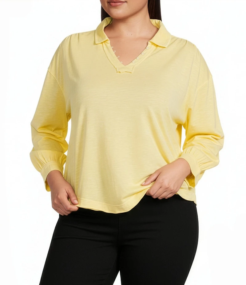 Westbound Plus Size Knit Long Sleeve V-Neck Collared Top