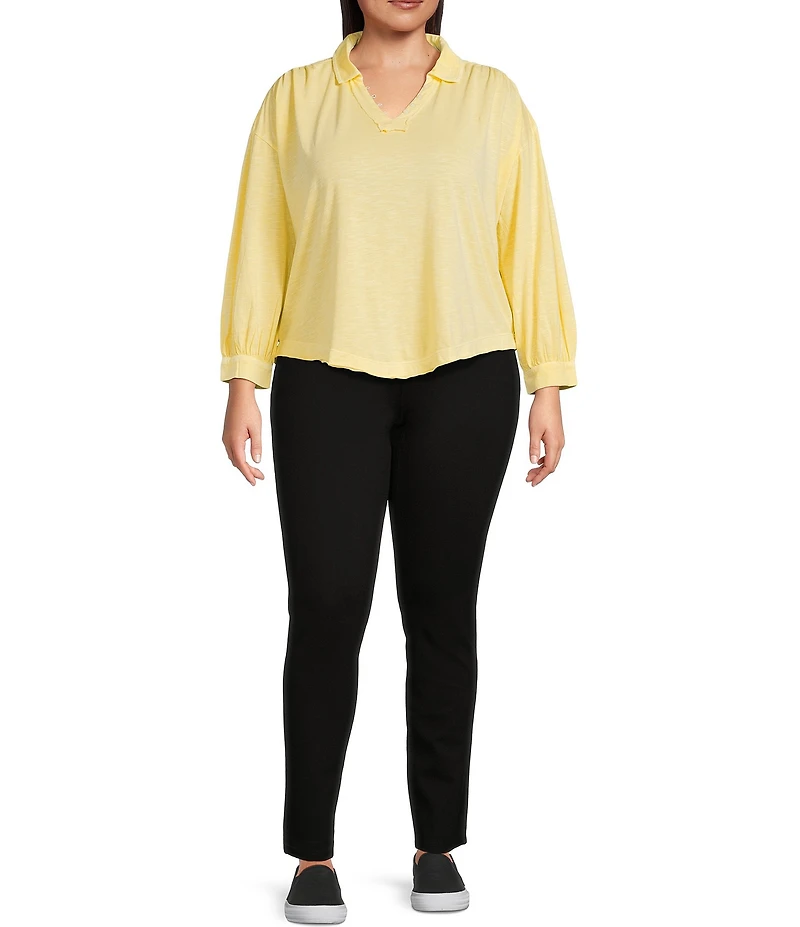 Westbound Plus Size Knit Long Sleeve V-Neck Collared Top