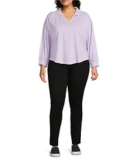 Westbound Plus Size Knit Long Sleeve V-Neck Collared Top