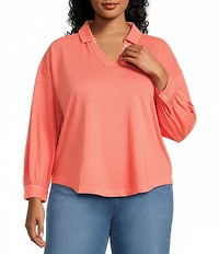 Westbound Plus Size Knit Long Sleeve V-Neck Collared Top