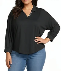 Westbound Plus Size Knit Long Sleeve V-Neck Collared Top