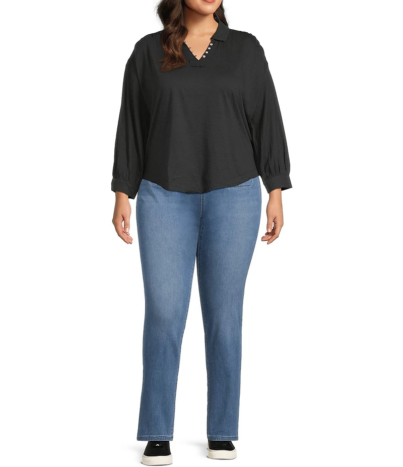 Westbound Plus Size Knit Long Sleeve V-Neck Collared Top