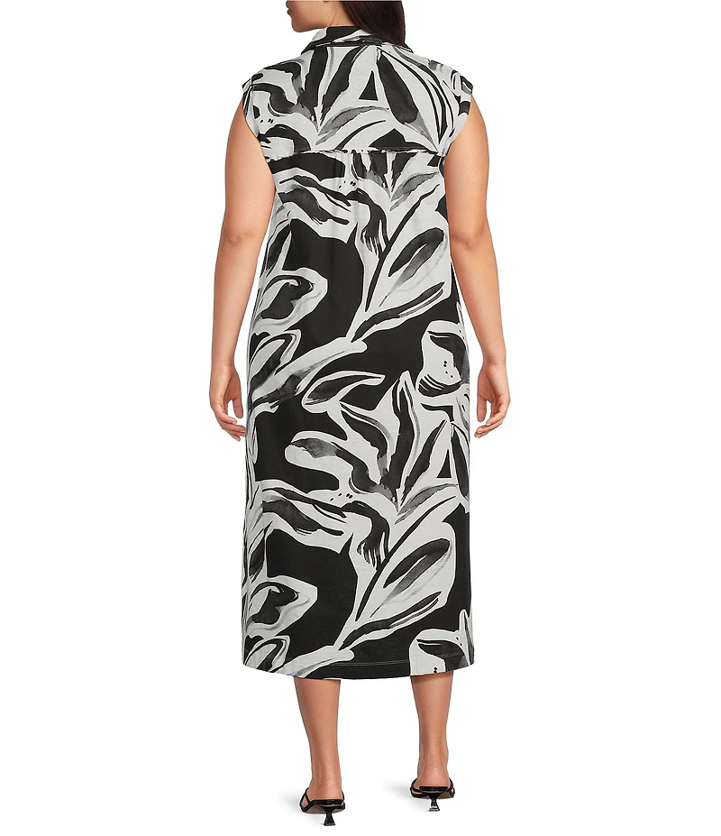 Westbound Plus Size Leaf Printed Y-Neck Button Front Collared Sleeveless A-Line Midi Dress