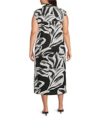 Westbound Plus Size Leaf Printed Y-Neck Button Front Collared Sleeveless A-Line Midi Dress