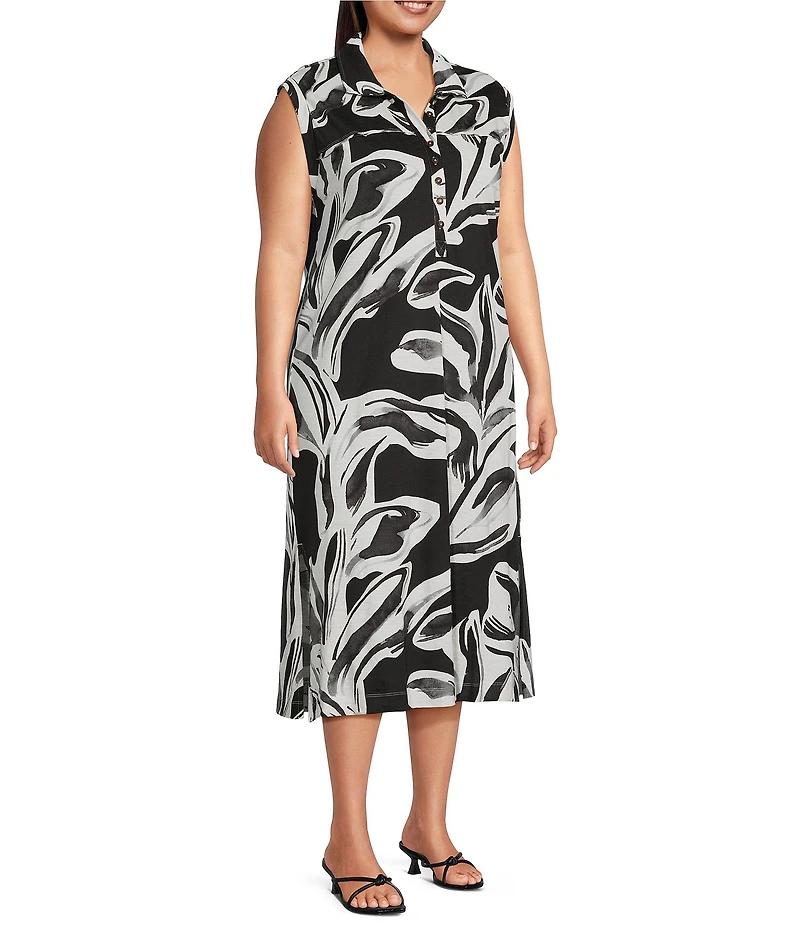 Westbound Plus Size Leaf Printed Y-Neck Button Front Collared Sleeveless A-Line Midi Dress