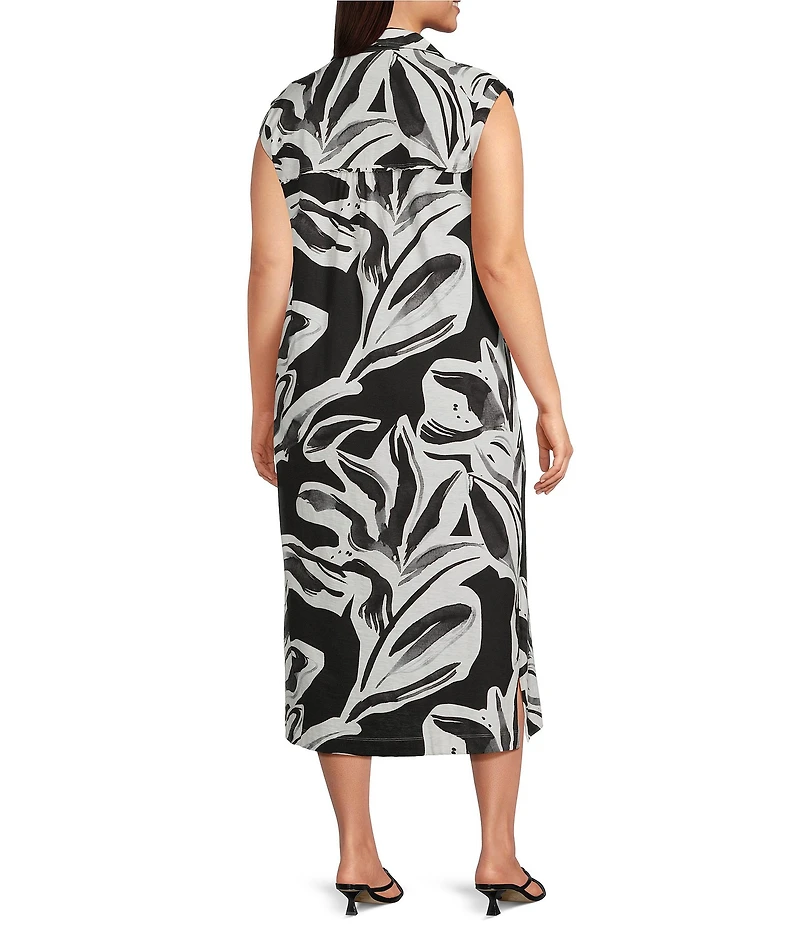 Westbound Plus Size Leaf Printed Y-Neck Button Front Collared Sleeveless A-Line Midi Dress